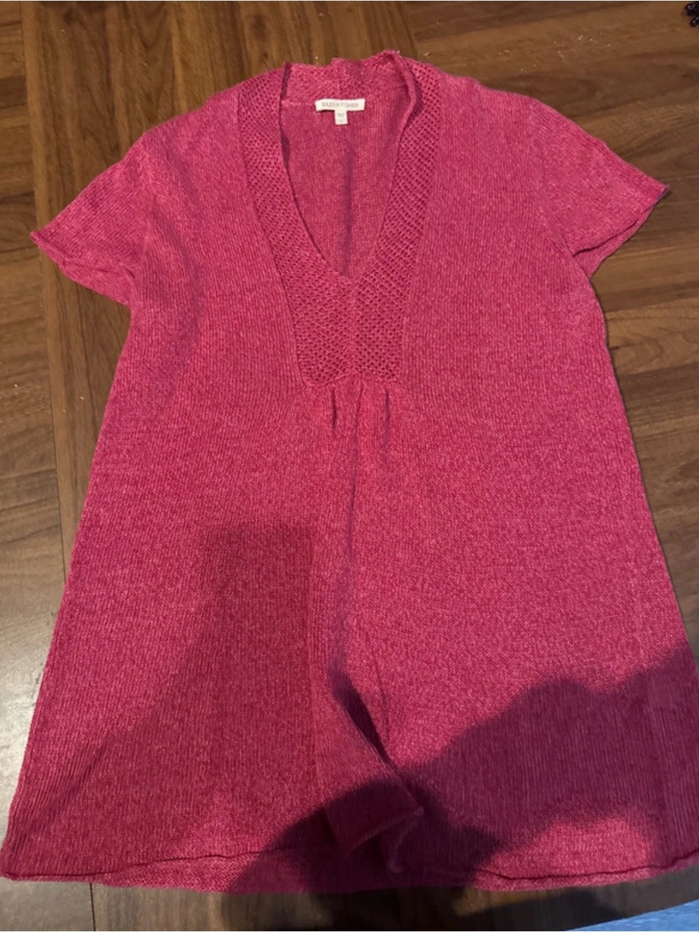 Eileen Fisher Short-Sleeve V-Neck Knit Tunic in Bright Pink